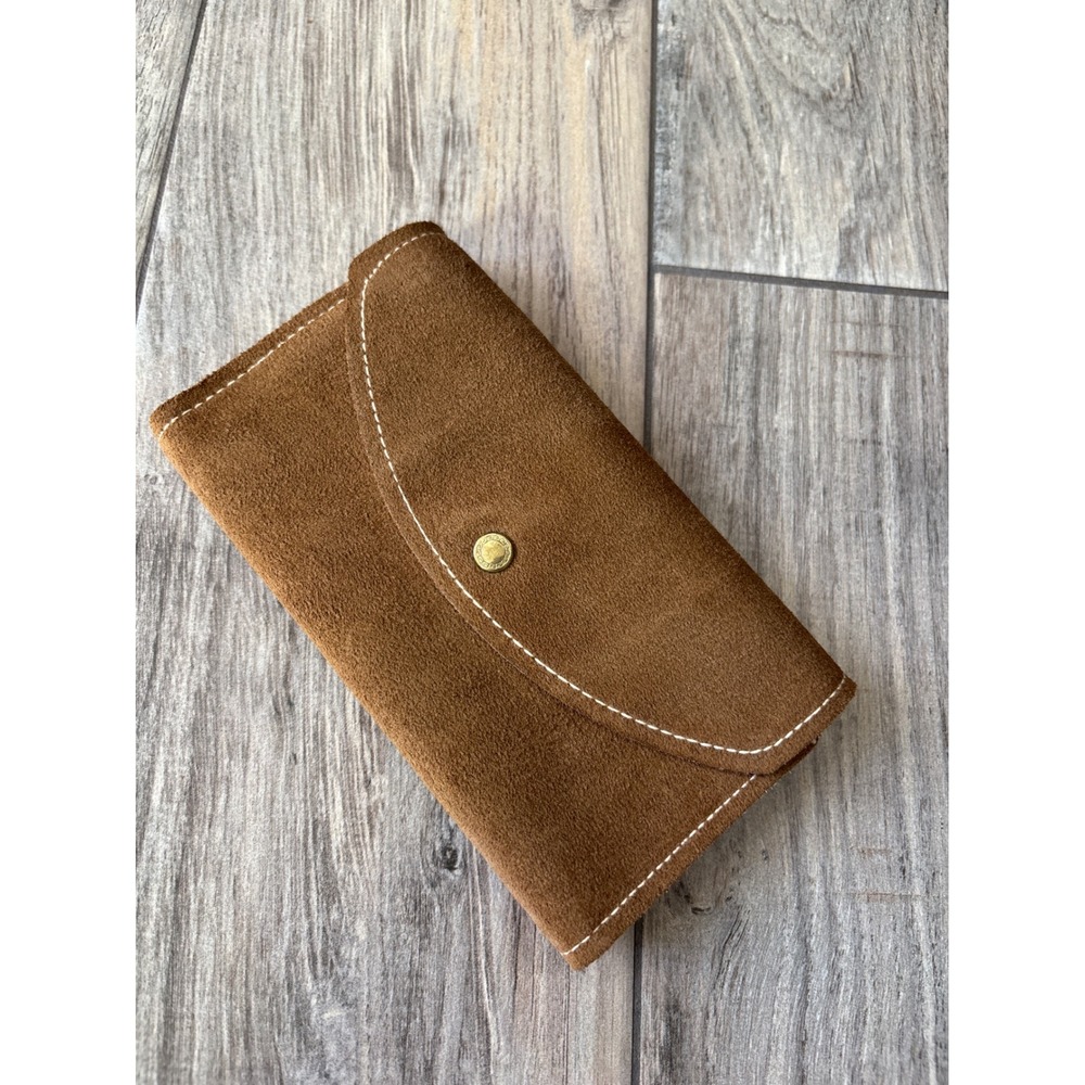 Vintage Suede Checkbook Wallet Brown Western Boho Snap Leather Pouch Cowboy 1970